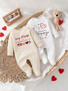2pcs/Set "Love Mommy" Print Long Sleeve Newborn Baby Footie Rompers, Soft & Comfortable Fabric, Cute & Lively Look, Embracing Feeling Like Mom - Multicolor - View 8