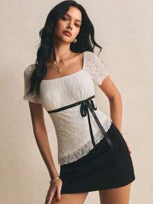 Poéselle 女士优雅系带不对称下摆T恤，夏季 - 杏色 - 查看 3