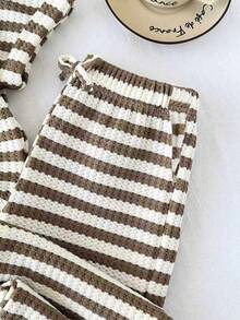 SHEIN 少女休闲条纹T恤和裤子套装，夏季 - 卡其色 - 查看 5
