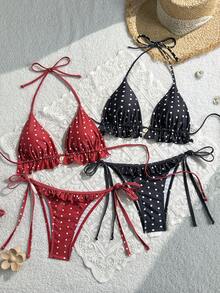 Swim Mod Women's Summer 2 Pieces Swimwear Set, Red Polka Dot + Black Polka Dot Print With Shell Decor, Fashion Beach Holiday - Multicolor - View 6