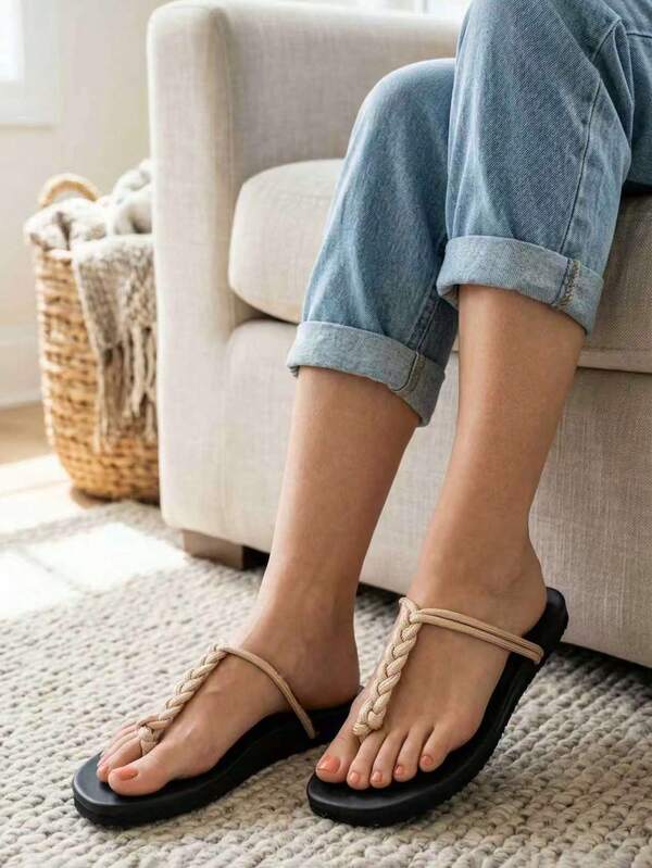 Grefit Women's Fashion Apricot Soft And Comfortable Outdoor Slippers, Herringbone Flat Sandals Woven With Slip-On, Seaside Vacation Fashion Beach Sandals Slippers