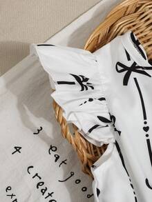 SHEIN Playful Pals 女童优雅印花圆领喇叭袖露背蝴蝶结装饰腰部荷叶边下摆休闲时尚连衣裙，适合度假旅行和夏季穿着 - 白色 - 查看 8