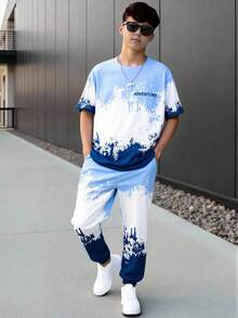 Vacaura 2pcs Tie-Dye Gradient Effect Short Sleeve T-Shirt And Pants Set For Teenage Boys, Suitable For Spring/Summer Outdoor Casual Wear - Blue - View 7