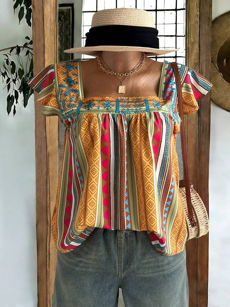 Plus Size Women Geometric Print Loose Ruffled Sleeve Bohemian Style Blouse