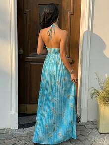 Sunnyshic Đầm nữ màu xanh dương xếp ly, in hoa, cổ chữ V, kiểu yếm, đính cườm, dây đeo vai, thích hợp cho mùa hè, ngọt ngào, lãng mạn, dự tiệc đi biển, nghỉ mát. - Màu xanh lam - Xem 2