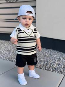 SHEIN 2pcs Infant Toddler Baby Boy 2 In 1 Set, Children's Knitted Comfortable Short Sleeve, Featuring 2 In 1 Design With White Collared Shirt Underneath, Button Closure At Collar, Letter Embroidery On Left Chest, Casual Polo Top Paired With Black Shorts, Baby Polo Shirt, Baby Striped Vest Polo Shirt Top, Baby Boy Outfit Toddler Boy Clothes Boy Summer Outfit Set Baby Boy Summer Clothes - Black and White - View 1