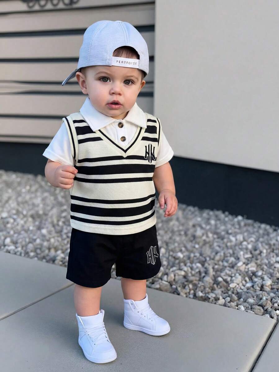SHEIN 2pcs Infant Toddler Baby Boy 2 In 1 Set, Children's Knitted Comfortable Short Sleeve, Featuring 2 In 1 Design With White Collared Shirt Underneath, Button Closure At Collar, Letter Embroidery On Left Chest, Casual Polo Top Paired With Black Shorts, Baby Polo Shirt, Baby Striped Vest Polo Shirt Top, Baby Boy Outfit Toddler Boy Clothes Boy Summer Outfit Set Baby Boy Summer Clothes - Black and White - View 1