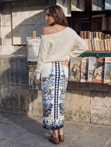 CAJUNI 女士夏季度假印花开衩直筒裙 - 藍色 - 查看 2