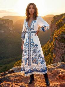 CAJUNI Vestido casual de mujer con estampado floral, cuello en V y mangas farol, para primavera/verano - Beis - Ver 3