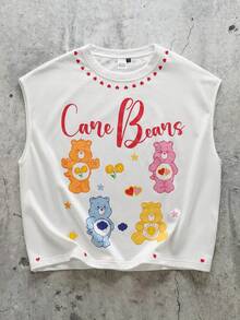 SHEIN X Care Bears 男士休闲字母熊印花圆领背心，夏季 - 白色 - 查看 1