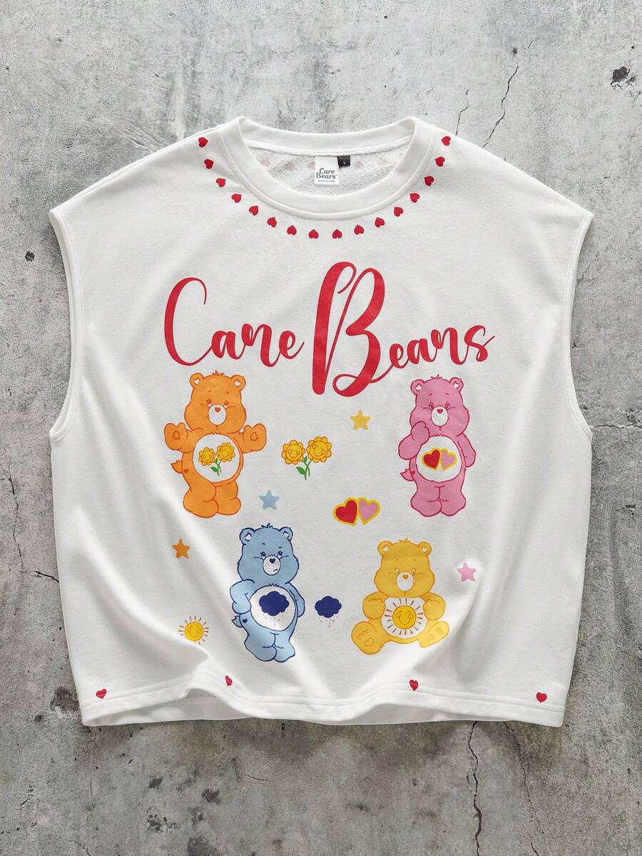 SHEIN X Care Bears 男士休闲字母熊印花圆领背心，夏季 - 白色 - 查看 1