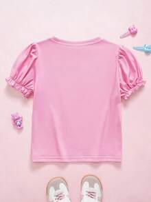 SHEIN X Care Bears Áo thun tay cánh hoa in hình gấu hoạt hình, kiểu dáng thường ngày cho bé gái, thích hợp mặc mùa hè. - Hồng - Xem 2