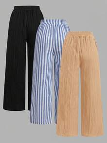 SHEIN Essnce 三件套黑色、卡其色和天蓝色条纹航海风休闲裤，带腰带和口袋，适合夏季度假。 - 彩色 - 查看 2