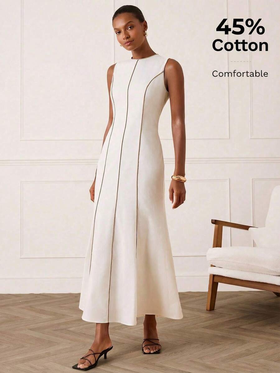 Lilora Elegantes Damen Tencel Baumwoll-Ärmelloses Kleid, Elegantes weißes Kleid, Kleider für Damen, Elegantes Abendkleid, Kleid für Damen, Elegantes modernes Kleid. Dieses raffinierte, stilvolle, vielseitige und elegante Kleid eignet sich für den Arbeitsweg, den Alltag, Freizeitaktivitäten, Partys, Dates, Zusammenkünfte, Lässig, Picknicks, Urlaube, Sommerausflüge und Urlaubsreisen. Elegante Damenkleider, klassische ärmellose Kleider für Damen, Elegante Damenkleider, Maxikleider für Damen, Elegante Damenkleider, Casual-Kleider für Damen - Weiss - Übersicht 1