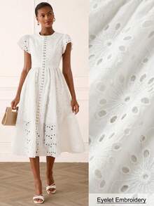 Lilora Women's Elegant White Summer Dress,Embroidered Eyelet Midi Dress With Puffy Short Sleeves,Sophisticated Graduation,Resort Wear & French Style Picnic - White - View 1