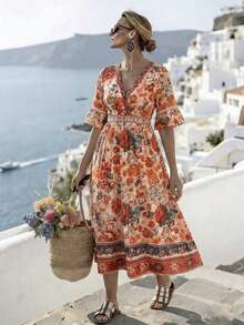Weeklong Plus Size Women's Fashion New Bohemian V-Neck Long Floral Print Maxi Dress, Short/Long Sleeve, Suitable For Spring/Summer, Back To School, Vacation, Graduation, Holidays, Valentine's Day, Christmas, Music Festivals, Mother's Day, Halloween, Thanksgiving, Easter, National Day, Dances, Dates, Parties, Weddings, Outdoor Activities - Multicolor - View 3