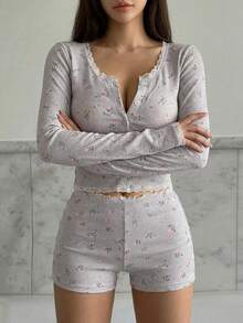 DAZY Lace Patchwork Ditsy Floral Fitted Pajama Set, Fall Winter Clothes - Grey - View 1