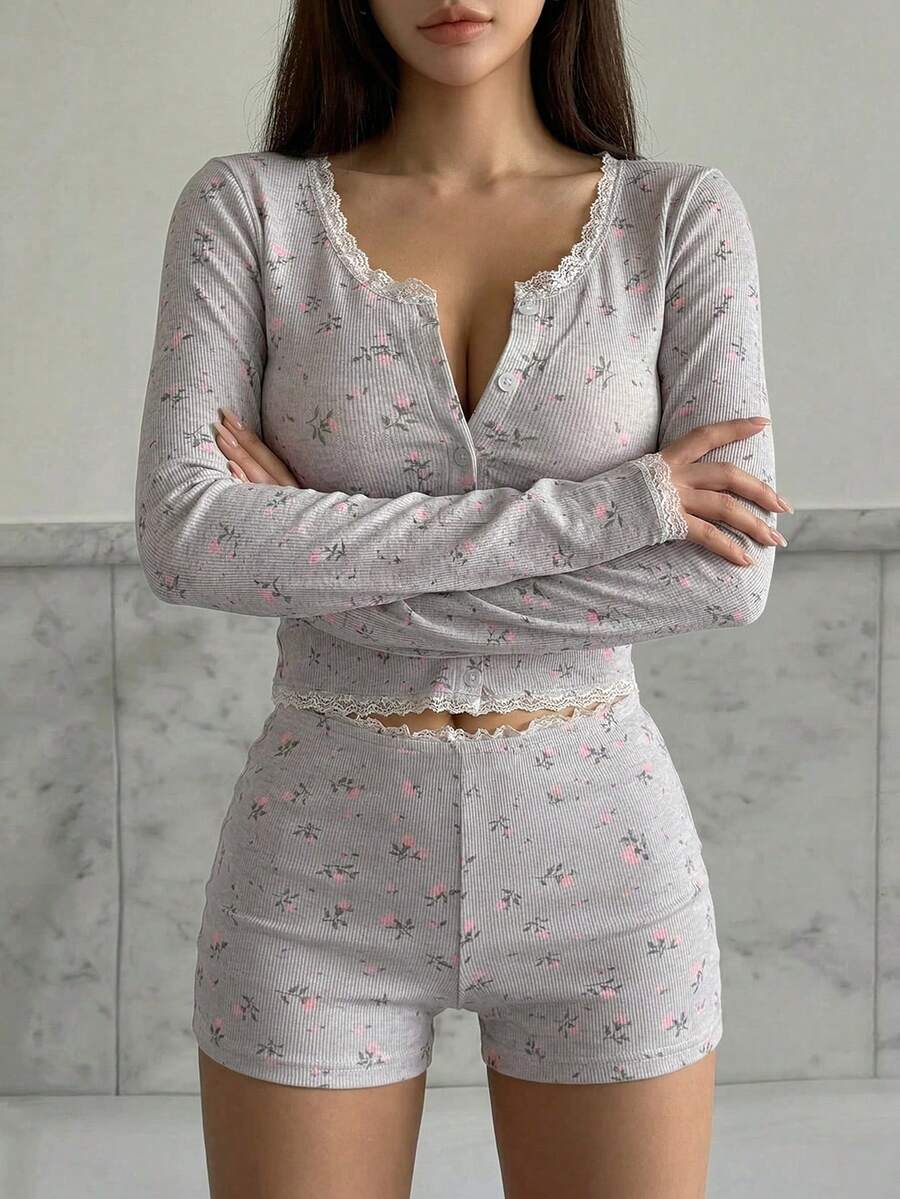 DAZY Lace Patchwork Ditsy Floral Fitted Pajama Set, Fall Winter Clothes - Grey - View 1