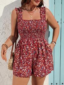 EMERY ROSE Plus Size Ditsy Floral Sleeveless Loose Jumpsuit - Red - View 4