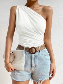 Rafferiza 女士白色吊带背心、白色衬衫、单肩上衣、白色衬衫、女士休闲上衣、女士优雅上衣，适合度假、假日、夏季、海滩、日常穿着，百搭通勤。 - 白色 - 查看 6