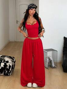 Coolane 女士夏季演唱会服装街头风Y2K休闲日常运动装辣妹风V领束身衣弹力背心和宽松低腰裤两件套 - 酒紅色 - 查看 4