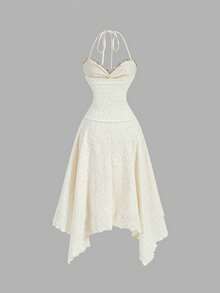 SHEIN MOD Vestido bege com babados na barra assimétrica e detalhe de nó torcido na gola – Ideal para encontros, festas, verão e primavera, férias de primavera, formaturas, encontros românticos, viagens, piqueniques, festivais e aniversários. - Damasco - Ver 6