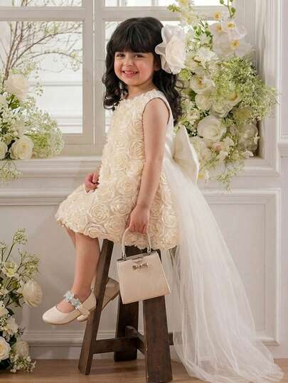 SHEIN Đầm không tay bằng vải lưới hoa màu trắng thanh lịch và đáng yêu cho bé gái.