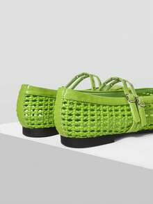 MOTF LADIES LIGHT GREEN FLAT BOTTOM HOLLOW WOVEN HORIZONTAL STRAP BUCKLE MARY JANE SHOES SIMPLE AND ELEGANT VACATION DAILY COMMUTER COLLEGE - Green - View 5