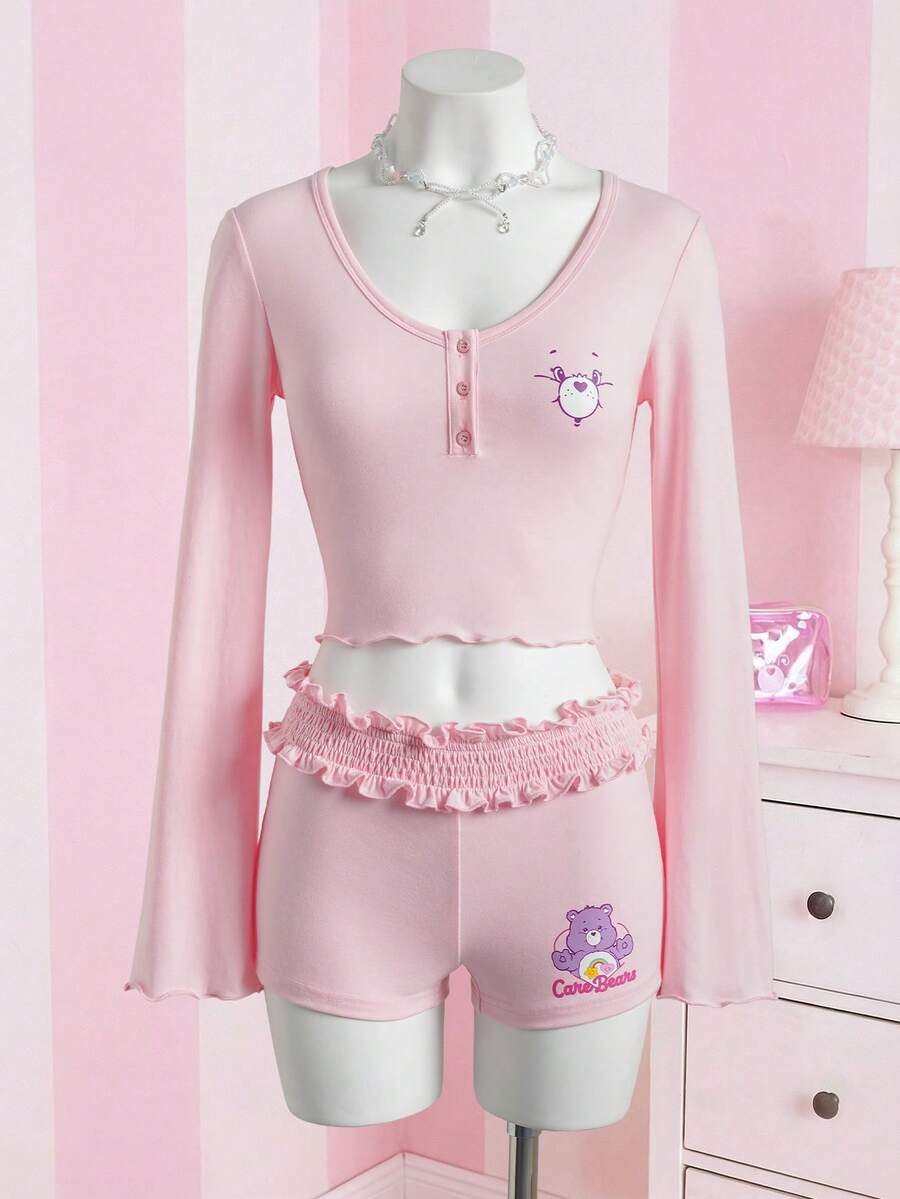 SHEIN X Care Bears Bộ đồ ngủ nữ in hình hoạt hình gồm áo croptop và quần short - Hồng - Xem 1