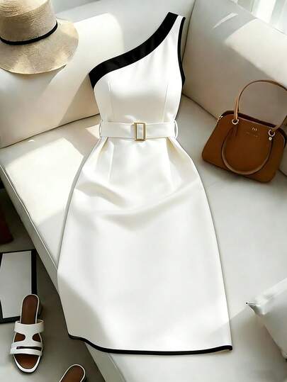 Franclia Đầm dài ngang gối không tay phối màu thanh lịch dành cho nữ, thích hợp cho công sở, mùa hè.