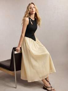 BizChic Colorblock Patchwork Round Neck Hollow Out Sleeveless Dress, Vintage French Elegant Business Formal Luxury Commute Dating Daily Halloween Back To School Party Birthday Wedding Guest Church Special Occasion Versatile Summer Autumn Vacation Office Outing Beach Gathering Social Holiday Shopping Afternoon Tea Travel - Multicolor - View 2