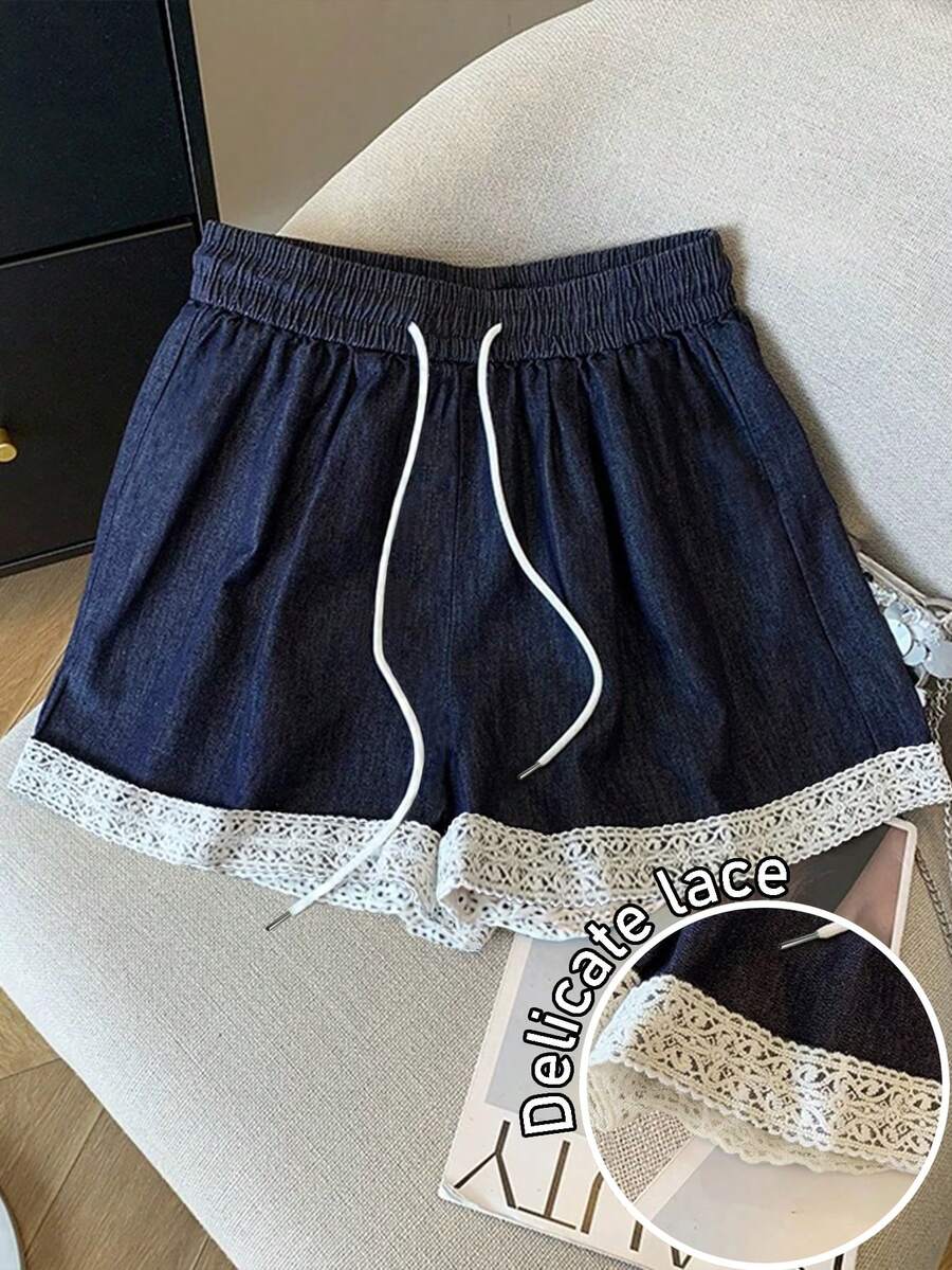 Resyla 女士休闲蕾丝边牛仔效果弹力腰阔腿短裤 - 藍色 - 查看 1