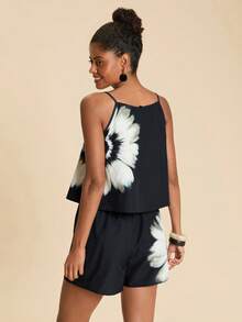 Travachic Women's Chiffon Printed Vest & Shorts 2 Pieces Set, Spring/Summer Vacation - Black and White - View 2