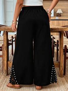 Breezaya Plus Size Women Solid Color Elastic Waist Pocket Faux Pearl Decor Wide Leg Pants - Black - View 2