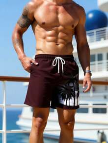 Manfinity Swimmode Men's Drawstring Waist Coconut Tree Print Casual Beach Shorts Holiday / Vacation / Beach / Hawaii / Tropical / Swim /  Bathing - Coffee Brown - View 9