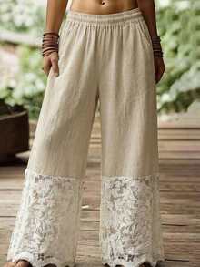 EMERY ROSE Women's Elastic Waist Lace Patchwork Casual Versatile Daily Wear Wide Leg Pants - Khaki - View 1