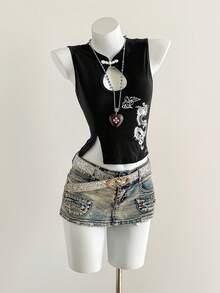 Elamini Summer Fashion Dragon Print Hollow-Out Backless Vest - Multicolor - View 6