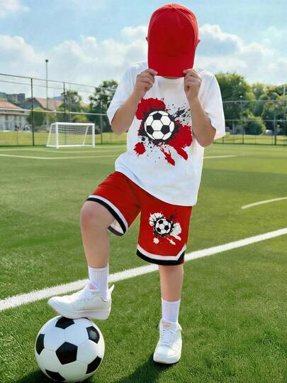 Fantacosmos 男童撞色篮球印花短袖T恤和短裤两件套，活力街头服饰，适合休闲和运动场合