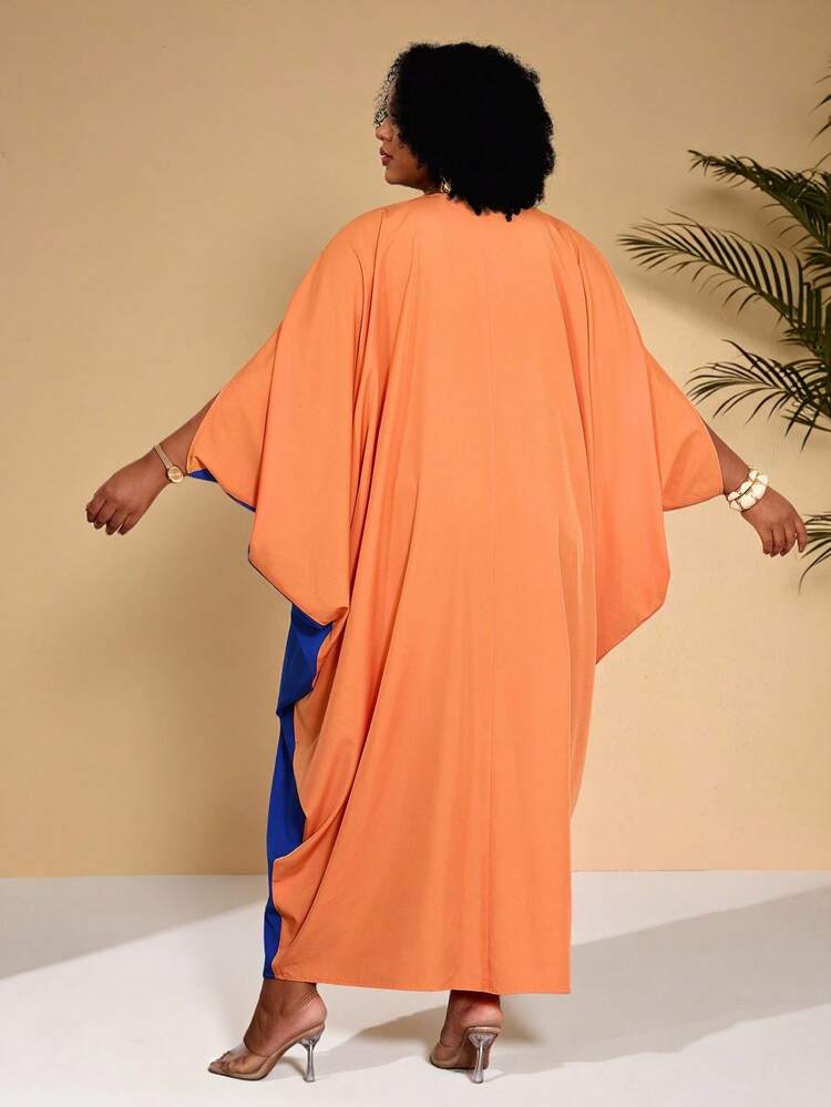Plus Size Women V-Neck Patchwork Color Casual Party Dress, Suitable For Summer Summer Dress  Summer Outfits Summer Clothes Spring Dress Spring Outfit Women Spring Clothing   Beach Vacation Outfits For Women Vacation Dress Bohemian Summer Holiday Outfits Jalabiyas