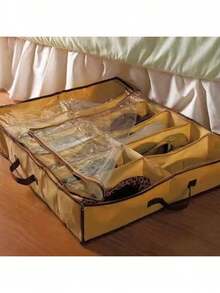 Caixa de Armazenamento de Sapatos de Lona Retrô, Caixa de Armazenamento Embaixo da Cama, À Prova d'Água, à Prova de Poeira e Resistente à Umidade. Estante de Sapatos Retangular Multiuso com Janela Transparente. Solução de Armazenamento Embaixo da Cama Adequada para Organizar Itens na Cozinha, Sala de Estar e Quarto. - Bege - Visão 3