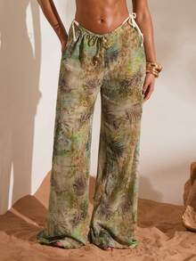 SHEIN Tall CURVE Quần ống rộng dáng suông in họa tiết lá cây dành cho nữ cỡ lớn, thích hợp mặc hàng ngày. - Nhiều màu - Xem 4