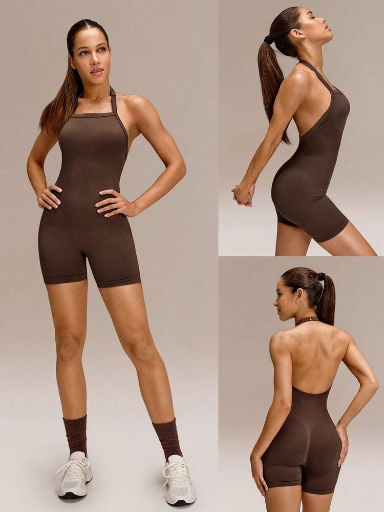 4.3" Ultrafine Soft Seamless Built To Glow Ribbed Waist Compression Panels Removable Cups Scrunch Butt Lift Adjustable Halterneck Short Bodysuit Training Running Gym Yoga Studio Daily Active Wear