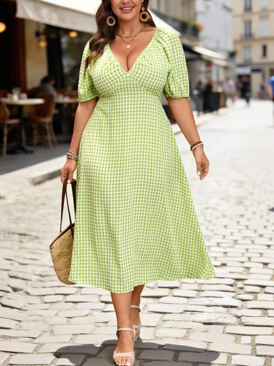 Breezaya Plus Size Sage Green Plaid Dress,Summer Elegant Deep V-Neck Puff Sleeve Mid-Length Skirt,Bali Tea Party Boho Picnic Vacation Resort Wear For Women - Green - View 1