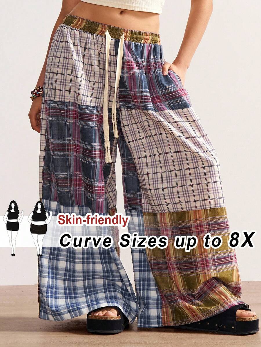 SHEIN CURVE+ 大码格子拼接复古风长裤 - 彩色 - 查看 1