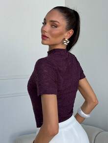 Lavishia Women's Purple Short Sleeve Elegant Lace Blouse, Spring/Summer - Purple - View 2