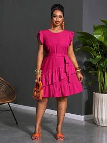 Slaydiva Vestido casual de talla grande con volantes en el bajo y unicolor - Rosa Fucsia - Ver 8