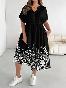 SHEIN Essnce Plus Size Floral Print Notched Neck Vacation Dress - Multicolor - View 5
