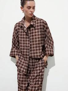 Aveloria Modichic Bộ đồ 2 mảnh dáng rộng in họa tiết kẻ caro nhuộm tie-dye cổ điển - Áo sơ mi dáng rộng có xẻ tà và quần tay lửng, trang phục thoải mái thường ngày cho trường học, công sở, kỳ nghỉ, mặc hàng ngày. - Nhiều màu - Xem 6