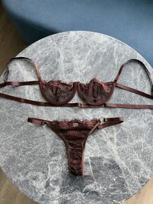 2 piezas Conjunto de lencería sexy para mujer con sujetador con aros y tirantes calados - Marrón - Ver 9