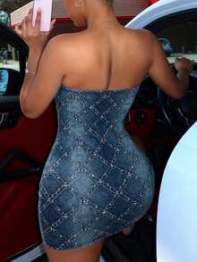 SHEIN Sleeveless Strapless Ruched Bodycon Mini Dress For Women Blue And Silver Knitted Fabric All Over Print Style Clubbing Party Club Summer - Blue - View 2